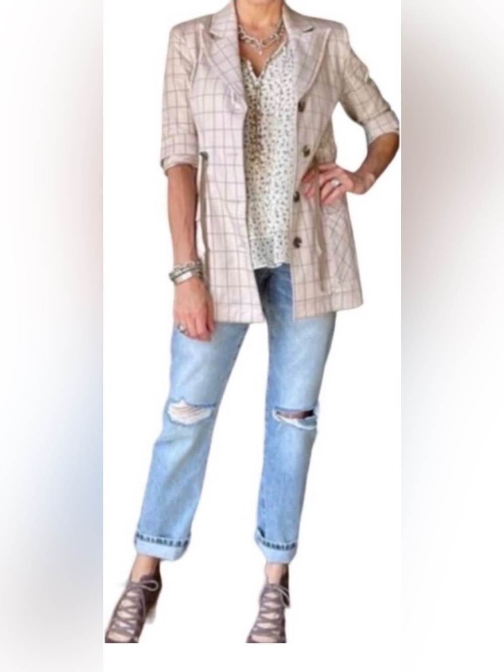 CAbi Cream Field Jacket Windowpane Drawstring Jacket  Sz S